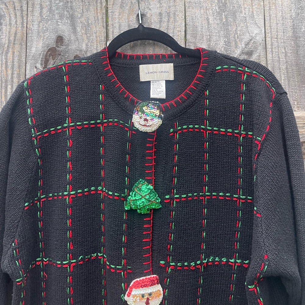 Vintage Christmas Sweater Black Cardigan with Holiday Accents - Size L - Picture 3 of 12